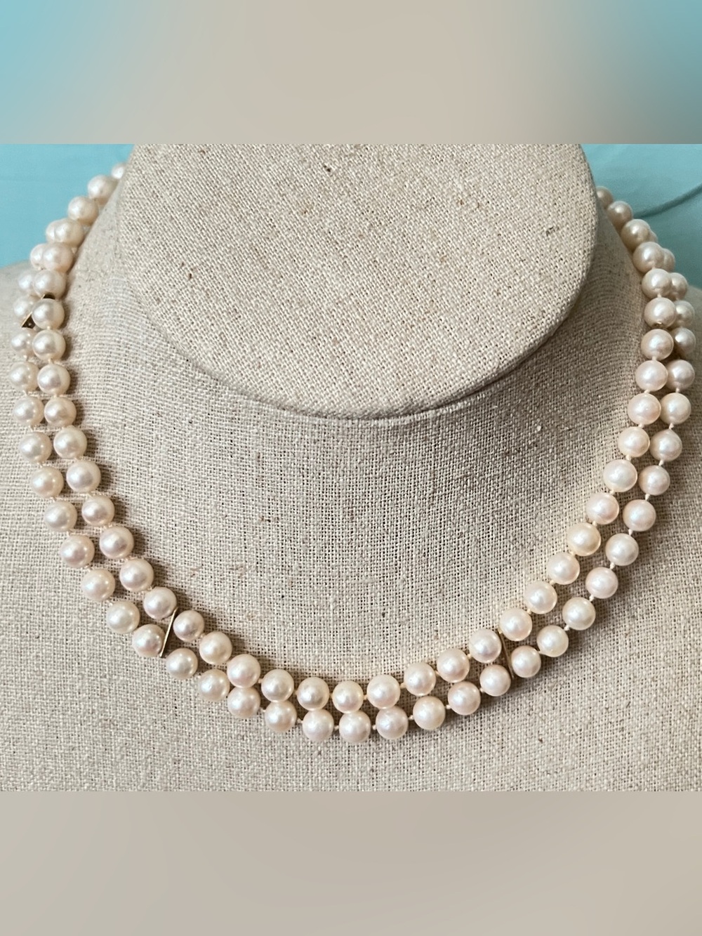 Vintage 14K Gold Double Strand Cultured Pearl Choker Necklace 15"-16"